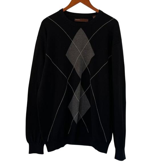Vintage Perry Ellis Cotton Long Sleeve Crew Neck Argyle Sweater, Black, XL - Picture 2 of 10